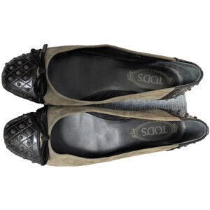 Tods Ballet Flats Womens EU38 US8 Leather Cap Toe Colorblock Suede Italy Capsule